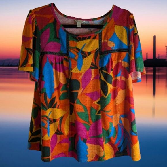 Cato Large short sleeve multi color tropical polyester blend stretch woman's top - Picture 1 of 1